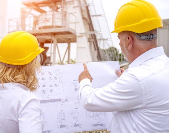 Engineers on site wearing safety helmets and discussing the project details